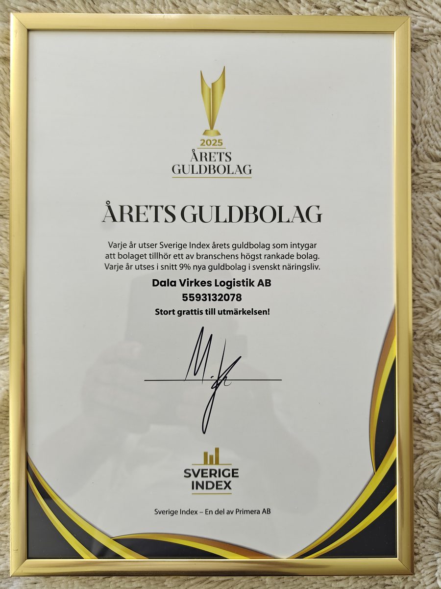 Årets Guldbolag 2025 – Dala Virkes Logistik AB diplom