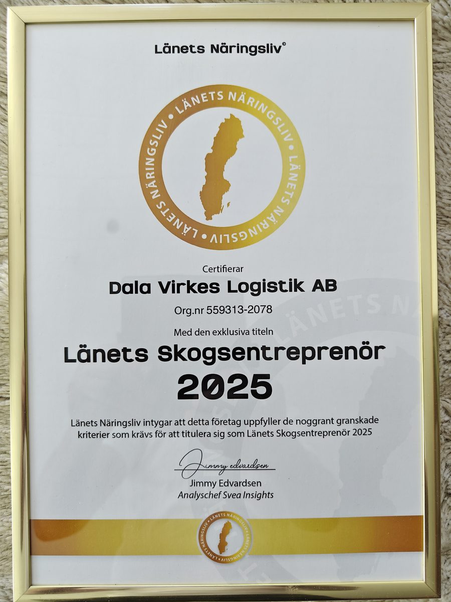 Länets Skogsentreprenör 2025 – Dala Virkes Logistik AB certifikat