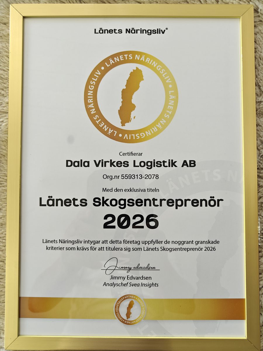 Länets Skogsentreprenör 2026 – Dala Virkes Logistik AB certifikat